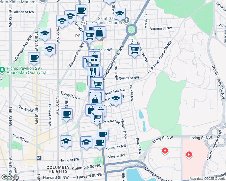 map of restaurants, bars, coffee shops, grocery stores, and more near 719 Quebec Place Northwest in Washington