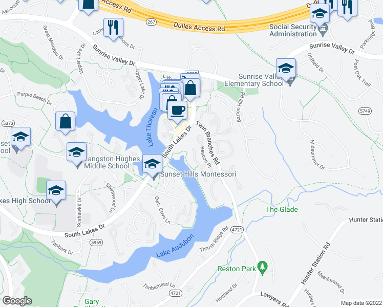map of restaurants, bars, coffee shops, grocery stores, and more near 2028 Beacon Heights Drive in Reston