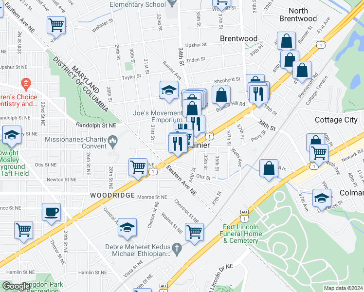map of restaurants, bars, coffee shops, grocery stores, and more near 3705 33rd Street in Mount Rainier