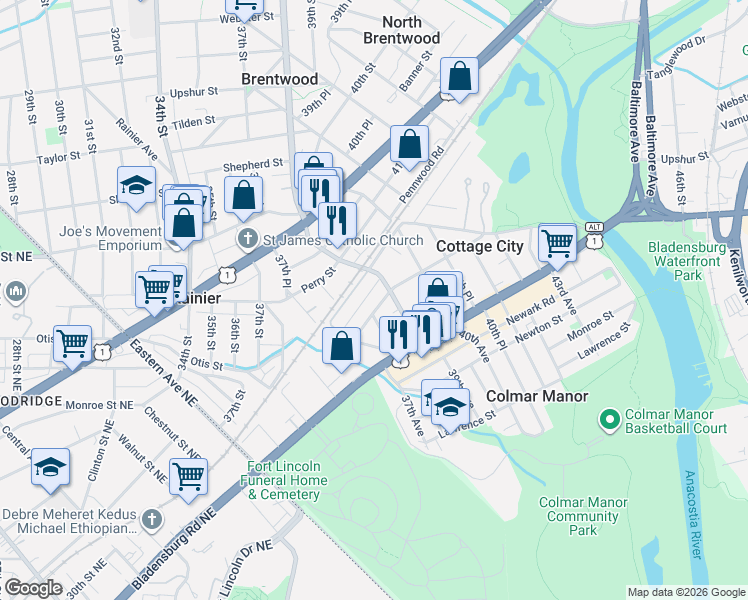 map of restaurants, bars, coffee shops, grocery stores, and more near 3718 Parkwood Street in Brentwood