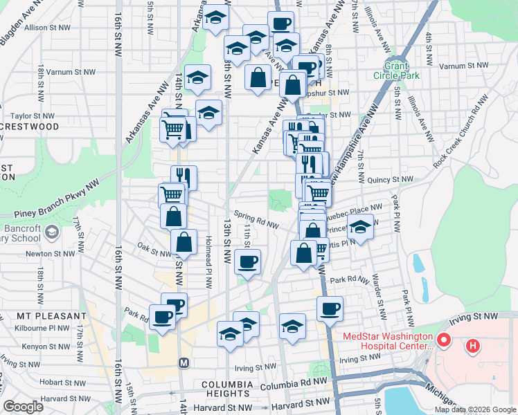 map of restaurants, bars, coffee shops, grocery stores, and more near 1001 Spring Road Northwest in Washington