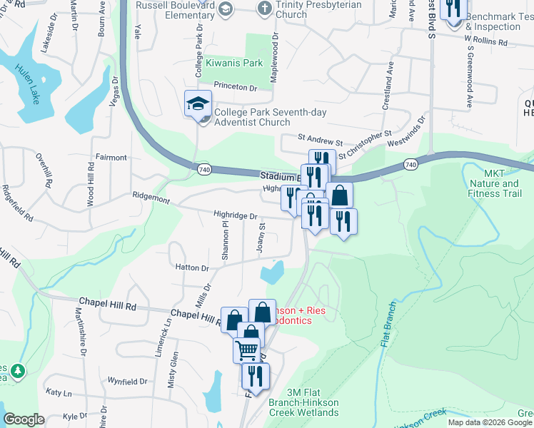 map of restaurants, bars, coffee shops, grocery stores, and more near 1646 Highridge Circle in Columbia