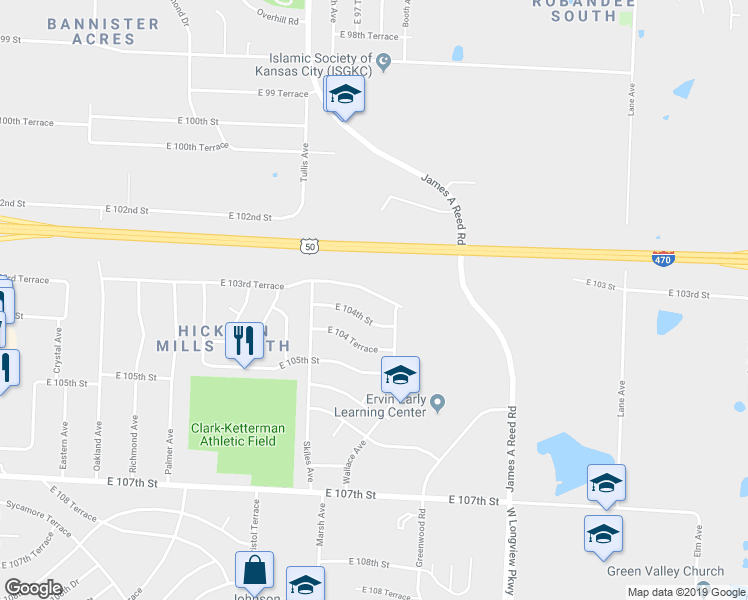 map of restaurants, bars, coffee shops, grocery stores, and more near 8408 East 103rd Terrace in Kansas City