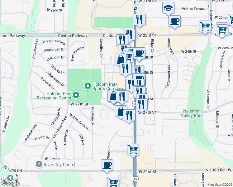 map of restaurants, bars, coffee shops, grocery stores, and more near 2100 West 26th Street in Lawrence