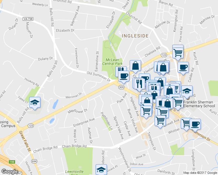 map of restaurants, bars, coffee shops, grocery stores, and more near 6956 Pine Crest Avenue in McLean