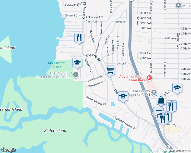 map of restaurants, bars, coffee shops, grocery stores, and more near 6303 Lakeside Drive in Clearlake