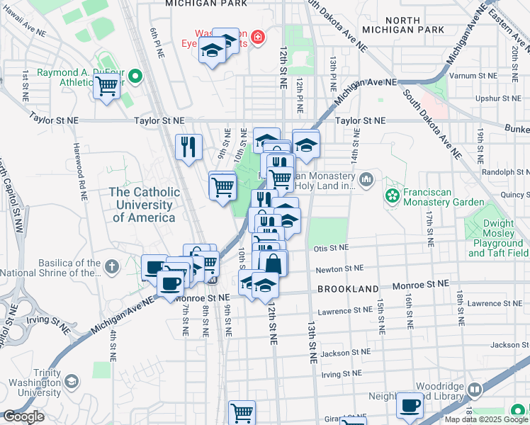 map of restaurants, bars, coffee shops, grocery stores, and more near 1028 Perry Street Northeast in Washington