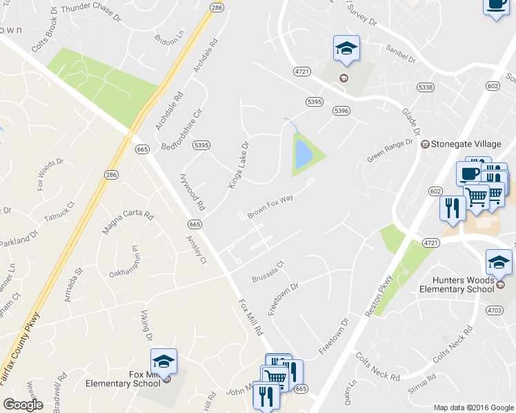 map of restaurants, bars, coffee shops, grocery stores, and more near 12390 Brown Fox Way in Reston