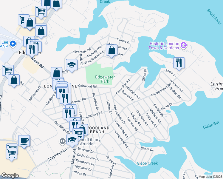 map of restaurants, bars, coffee shops, grocery stores, and more near 301 Oakwood Road in Edgewater