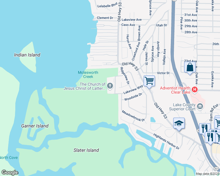 map of restaurants, bars, coffee shops, grocery stores, and more near 14970 Lakeview Way in Clearlake