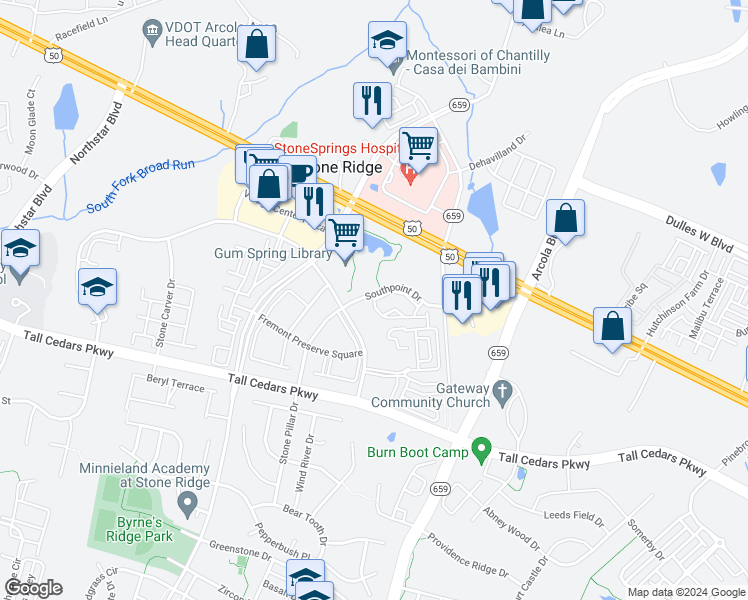 map of restaurants, bars, coffee shops, grocery stores, and more near Shorecrest Terrace in Aldie