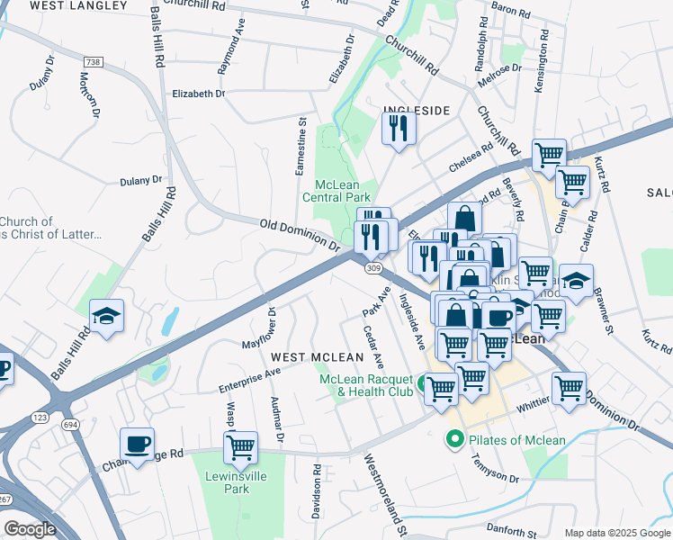 map of restaurants, bars, coffee shops, grocery stores, and more near 6956 Pine Crest Avenue in McLean