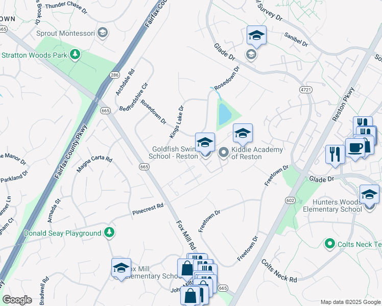 map of restaurants, bars, coffee shops, grocery stores, and more near 12390 Brown Fox Way in Reston