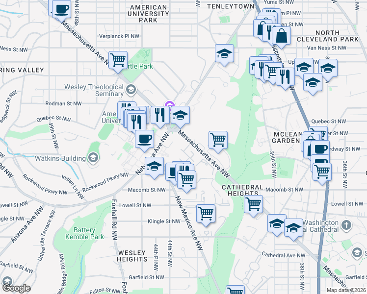 map of restaurants, bars, coffee shops, grocery stores, and more near 4314 Westover Place Northwest in Washington