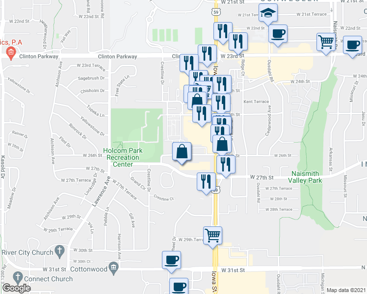 map of restaurants, bars, coffee shops, grocery stores, and more near 2100 West 26th Street in Lawrence