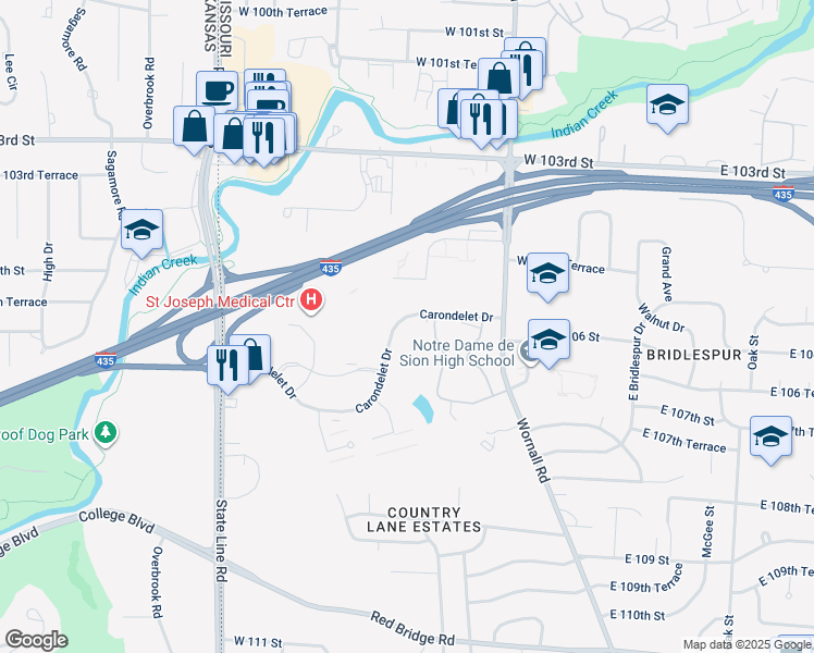 map of restaurants, bars, coffee shops, grocery stores, and more near 521 Carondelet Drive in Kansas City