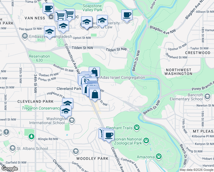 map of restaurants, bars, coffee shops, grocery stores, and more near 2800 Quebec Street Northwest in Washington