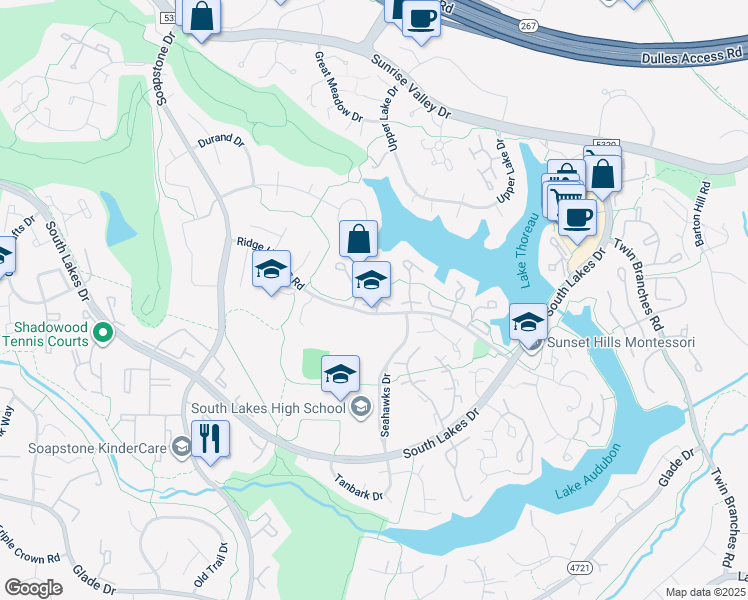 map of restaurants, bars, coffee shops, grocery stores, and more near 2050 Swans Neck Way in Reston