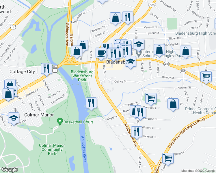 map of restaurants, bars, coffee shops, grocery stores, and more near 4801 Quincy Street in Bladensburg