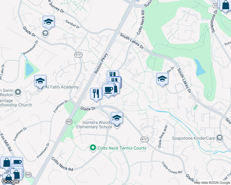 map of restaurants, bars, coffee shops, grocery stores, and more near 2254 Hunters Woods Plaza in Reston