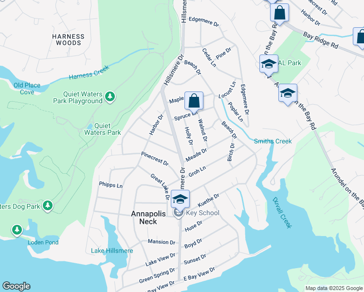 map of restaurants, bars, coffee shops, grocery stores, and more near 423 Hillsmere Drive in Annapolis