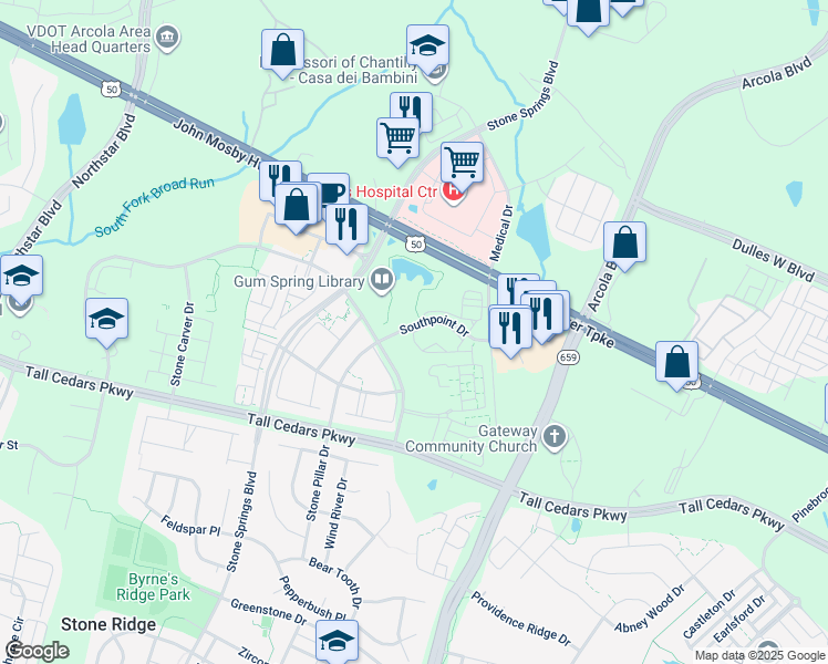 map of restaurants, bars, coffee shops, grocery stores, and more near 42167 Canary Grass Square in Aldie