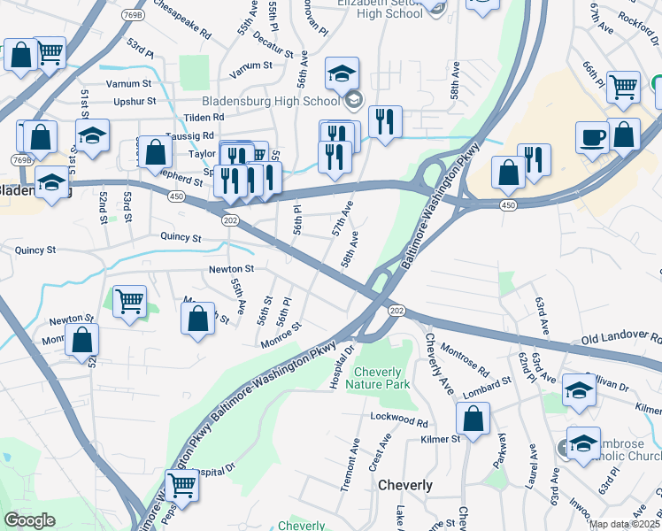 map of restaurants, bars, coffee shops, grocery stores, and more near 5702 Landover Road in Hyattsville