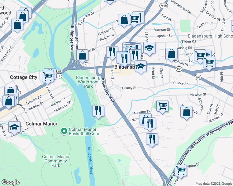 map of restaurants, bars, coffee shops, grocery stores, and more near 3801 Kenilworth Avenue in Bladensburg