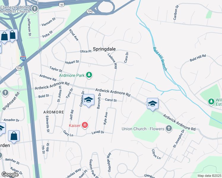 map of restaurants, bars, coffee shops, grocery stores, and more near 9418 Ardwick Ardmore Road in Springdale