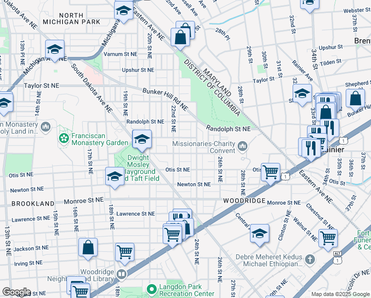 map of restaurants, bars, coffee shops, grocery stores, and more near 2220 Perry Street Northeast in Washington