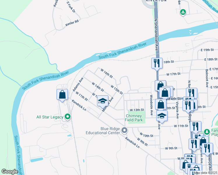 map of restaurants, bars, coffee shops, grocery stores, and more near 726 West 15th Street in Front Royal
