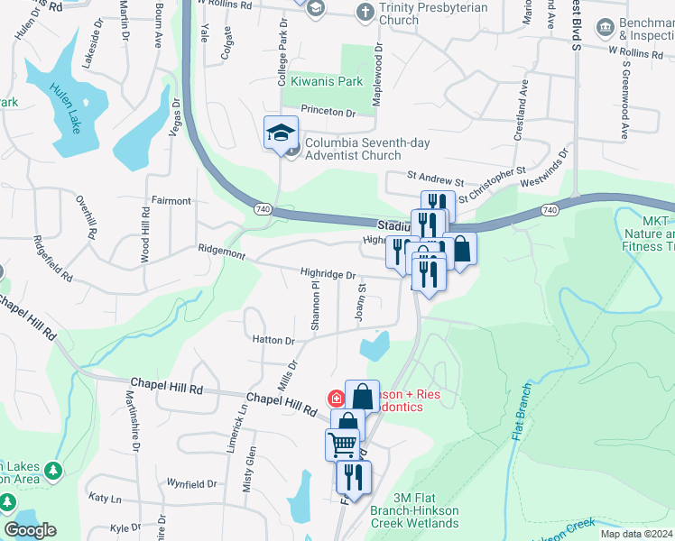 map of restaurants, bars, coffee shops, grocery stores, and more near 1713 Highridge Drive in Columbia