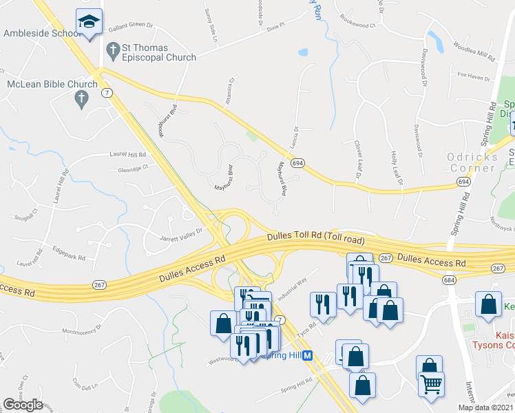 map of restaurants, bars, coffee shops, grocery stores, and more near 1431 Mayhurst Boulevard in McLean