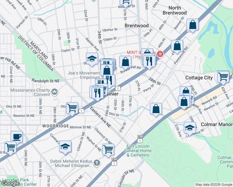 map of restaurants, bars, coffee shops, grocery stores, and more near 1 Municipal Place in Mount Rainier