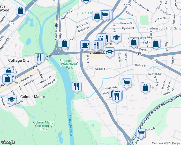 map of restaurants, bars, coffee shops, grocery stores, and more near 101 Independence Avenue Southeast in Washington
