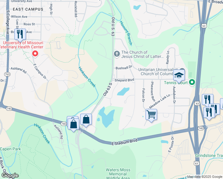 map of restaurants, bars, coffee shops, grocery stores, and more near 1005 Queen Ann Drive in Columbia