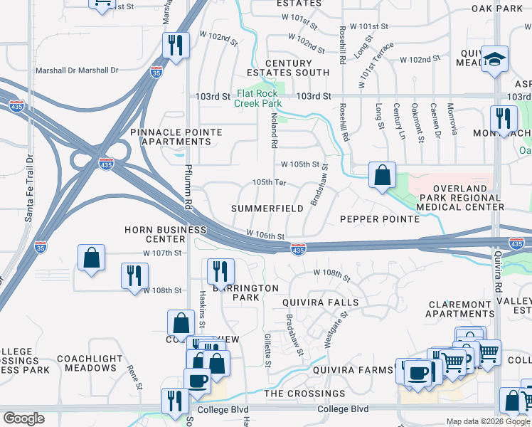 map of restaurants, bars, coffee shops, grocery stores, and more near 10571 Noland Road in Lenexa
