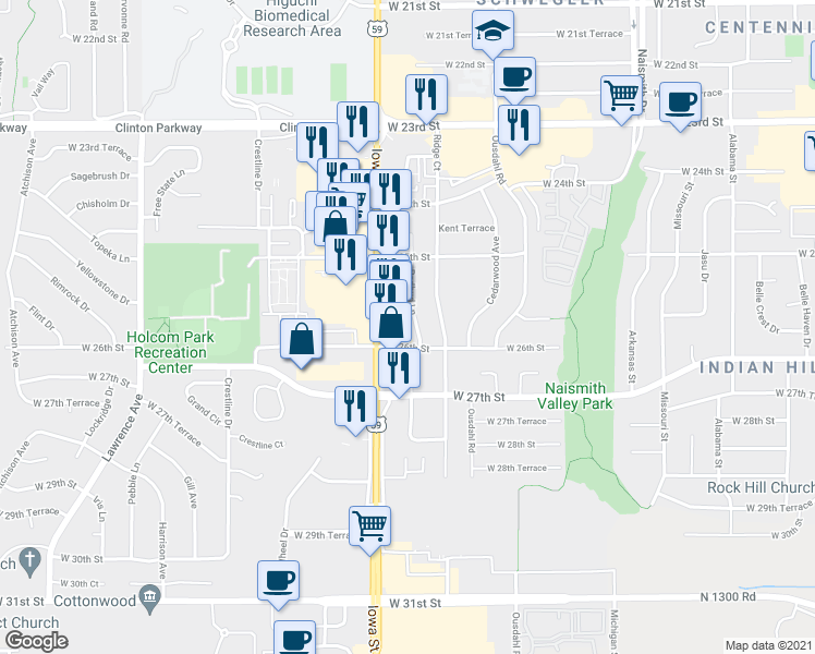map of restaurants, bars, coffee shops, grocery stores, and more near 2542 Redbud Lane in Lawrence