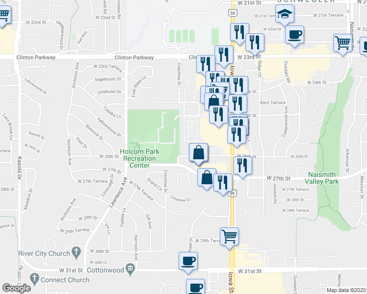 map of restaurants, bars, coffee shops, grocery stores, and more near 2310 West 26th Street in Lawrence