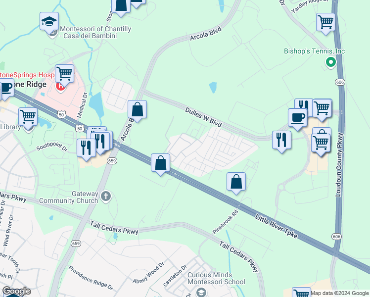 map of restaurants, bars, coffee shops, grocery stores, and more near Tribe Square in Loudoun County