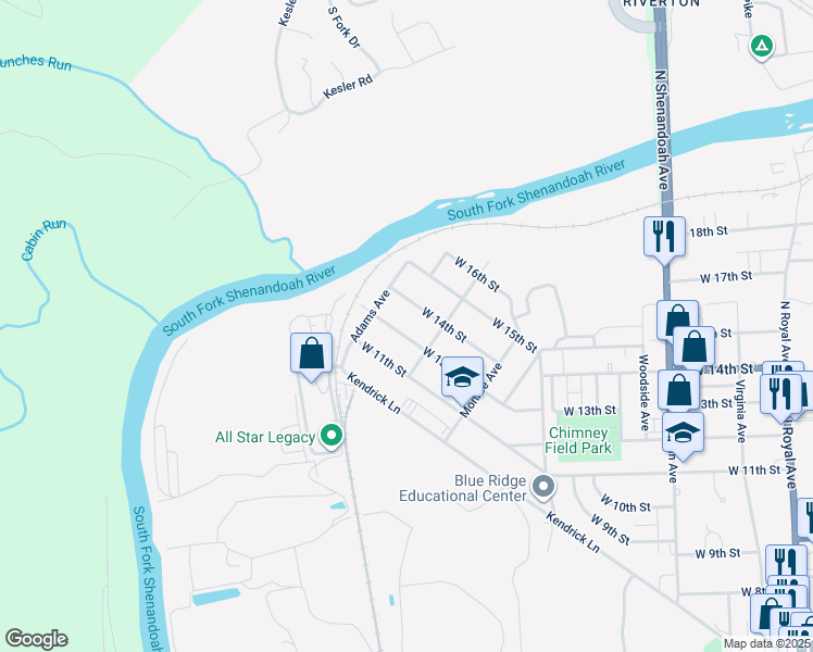 map of restaurants, bars, coffee shops, grocery stores, and more near 823 West 13th Street in Front Royal