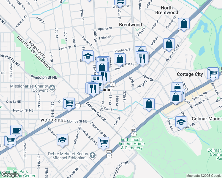 map of restaurants, bars, coffee shops, grocery stores, and more near 1 Municipal Place in Mount Rainier