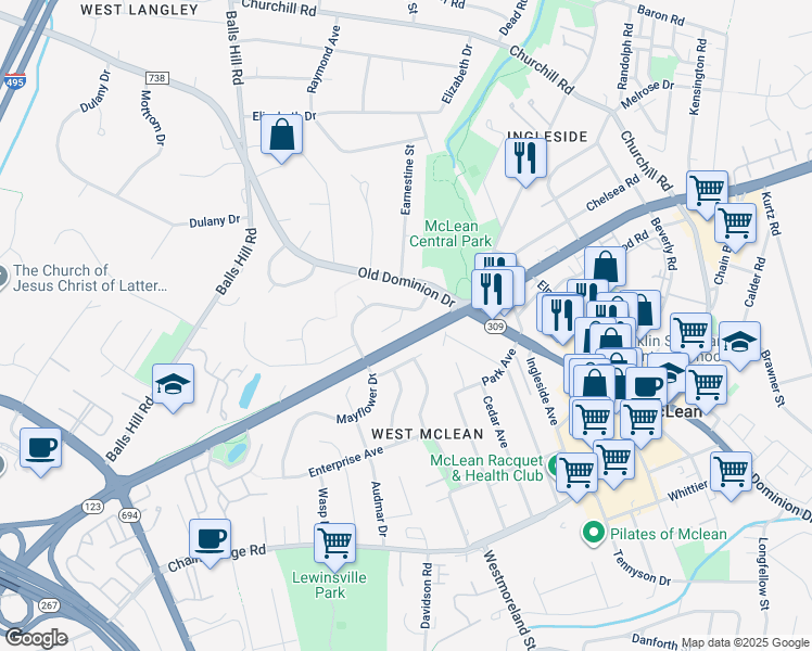 map of restaurants, bars, coffee shops, grocery stores, and more near 7025 Santa Maria Court in McLean
