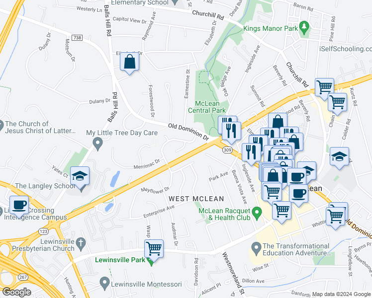 map of restaurants, bars, coffee shops, grocery stores, and more near 7025 Santa Maria Court in McLean