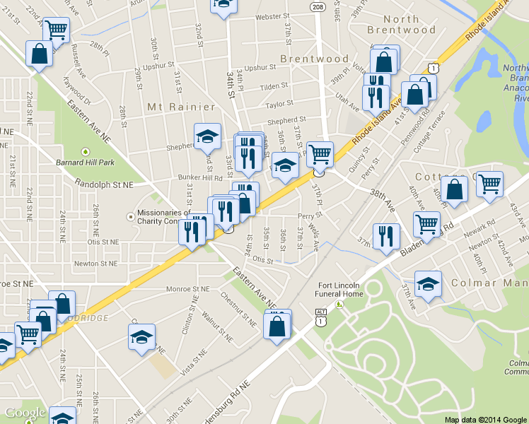 map of restaurants, bars, coffee shops, grocery stores, and more near 1 Municipal Pl in Mt Rainier