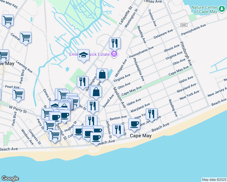 map of restaurants, bars, coffee shops, grocery stores, and more near 704 Madison Avenue in Cape May