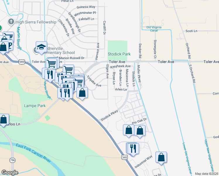 map of restaurants, bars, coffee shops, grocery stores, and more near 1365 Elges Avenue in Gardnerville