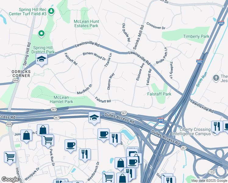 map of restaurants, bars, coffee shops, grocery stores, and more near 1322 Cordelia Court in McLean