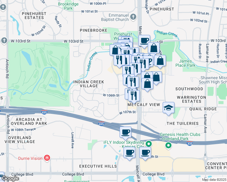 map of restaurants, bars, coffee shops, grocery stores, and more near 10556 Marty Street in Overland Park
