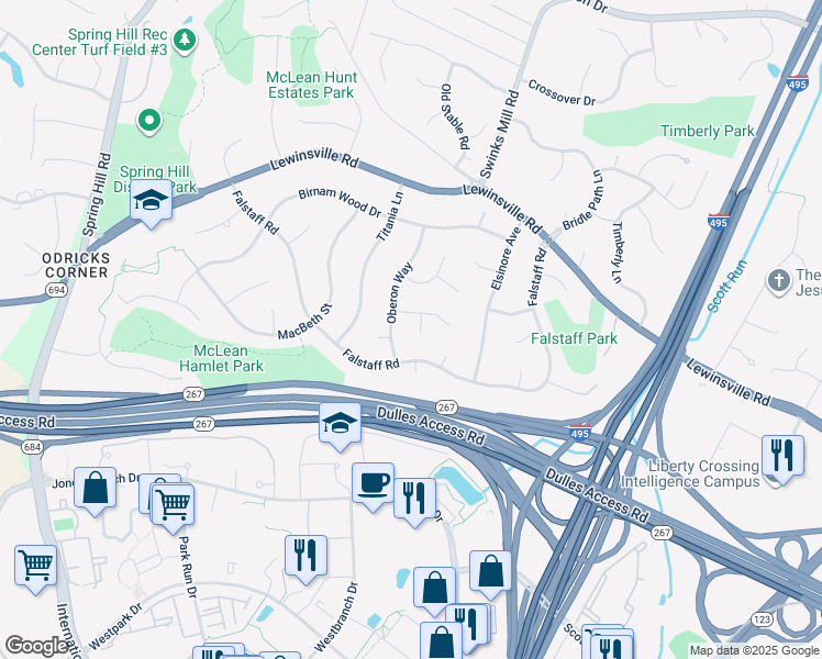 map of restaurants, bars, coffee shops, grocery stores, and more near 1322 Cordelia Court in McLean